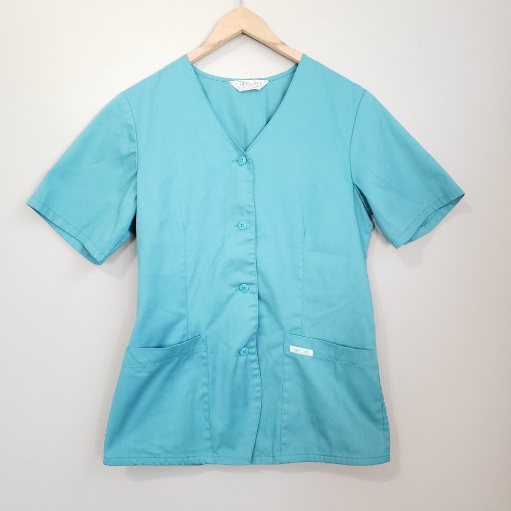 Cherokee Sage Green Button Down Scrub Top